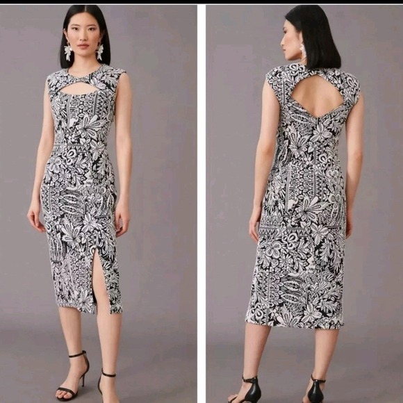 Anthropologie NWT Black & White Jacquard Floral Print Cutout Midi Dress‎ Small
